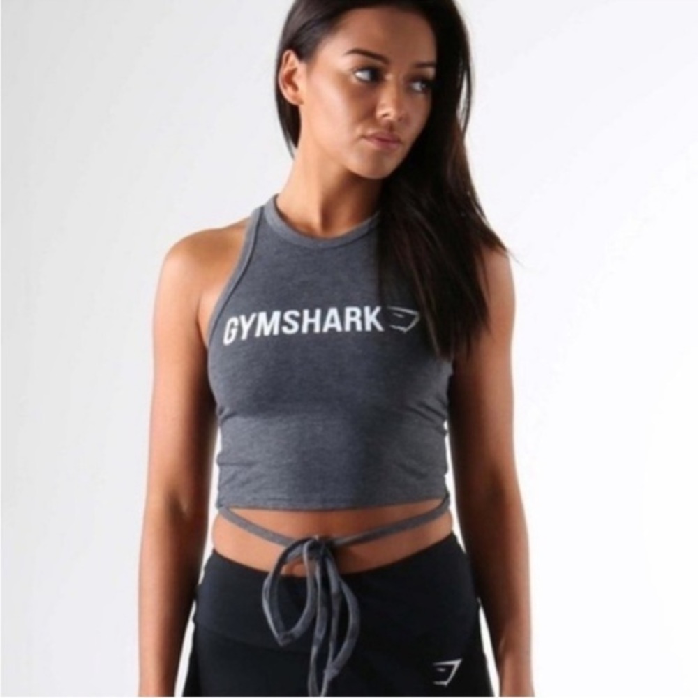 GYMSHARK Gray Ribbon Crop Top Tank with Tie S EUC